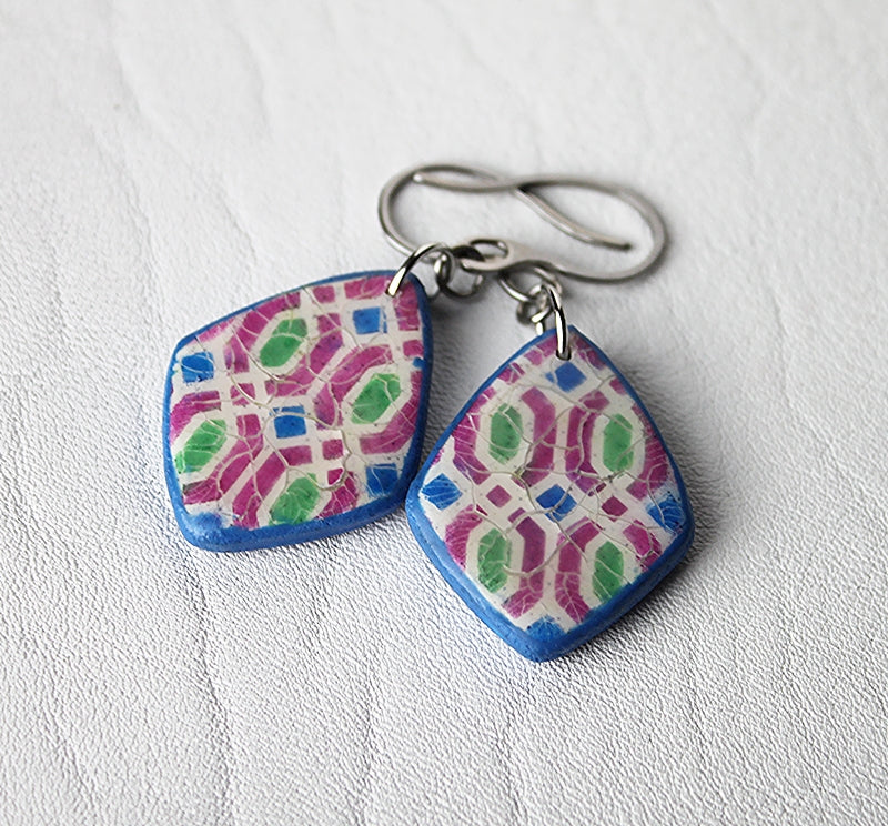 Crackle Glaze Diamond Tile Earrings