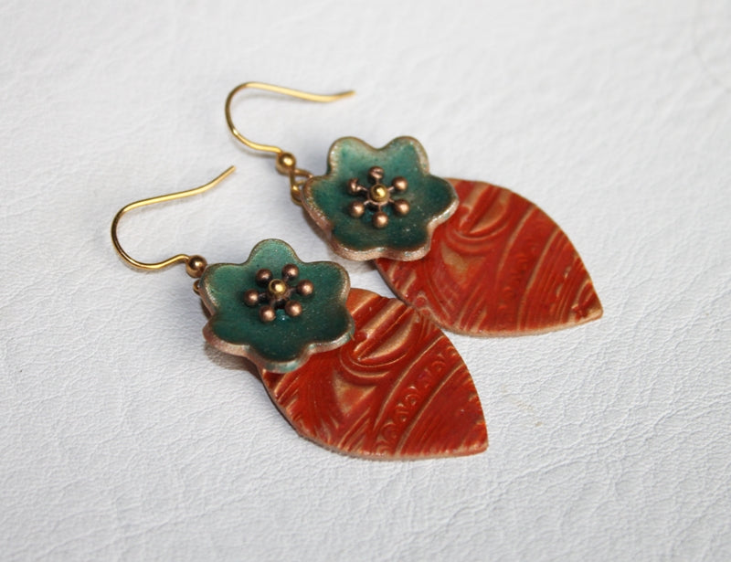 Turquoise Bloom on Red - Earrings