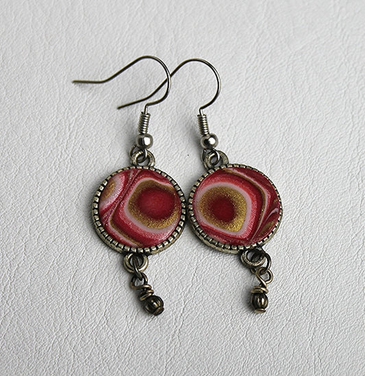 Red Pink Gold Mokume Gane Circle Earrings