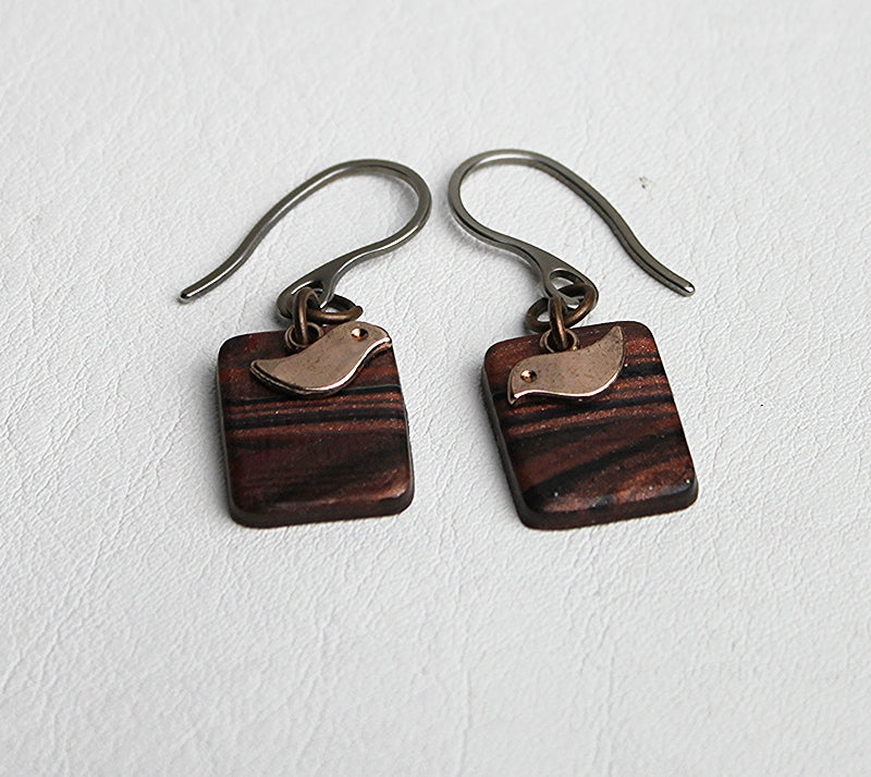 Faux Wood Earrings with Bird Charm