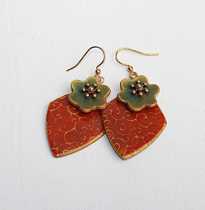 Faux Enamel Flower Red Drop Earrings