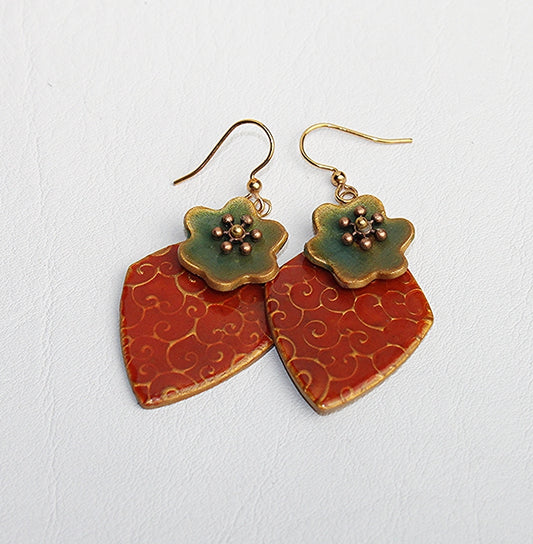 Faux Enamel Flower Red Drop Earrings