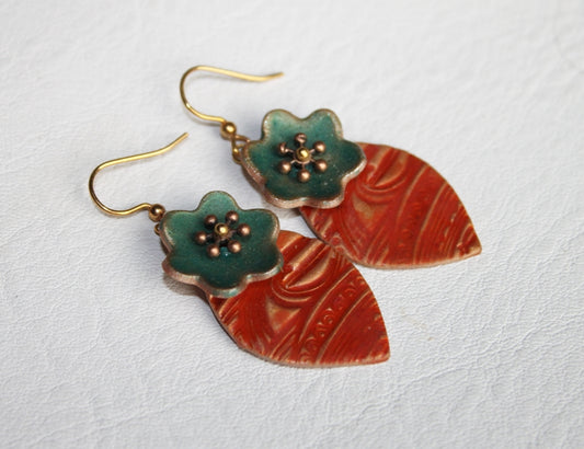 Turquoise Bloom on Red - Earrings