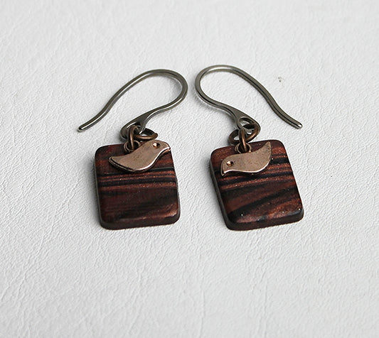 Faux Wood Earrings with Bird Charm