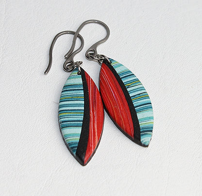 Turquoise and Red Stripy Marquise Earrings